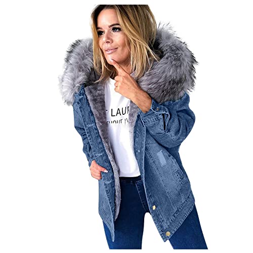 Ansenesna Winterjacke Damen Jeans Mit Fell Gefüttert Jeansjacke Damen Mit Kapuze Fellkapuze Winter Warme Mäntel Frauen Innenfutter Dicker Stoff Jacken von Ansenesna