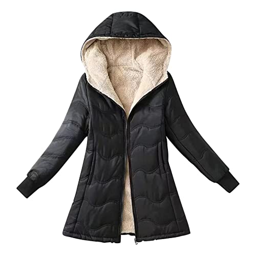 Ansenesna Winterjacke Damen Lang Warm Gefüttert Steppjacke Damen Mit Kapuze Jacke Winter Mit Fell Mäntel Frauen Innenfutter Innenfell üBergangsjacke mit Reißverschluss von Ansenesna