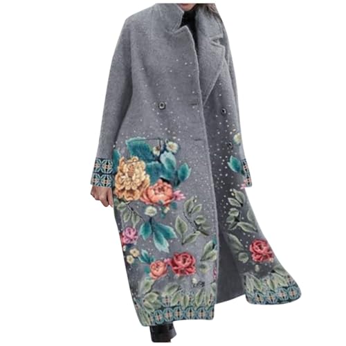 Ansenesna Wintermantel Damen Lang Warm Trenchcoat Damen Winter Elegant Vintage Lange Winterjacke Frauen Zweireihig Dicke Damen-Jacken Blumen Umlegekragen Jacke Mantel Mit Knöpfen von Ansenesna