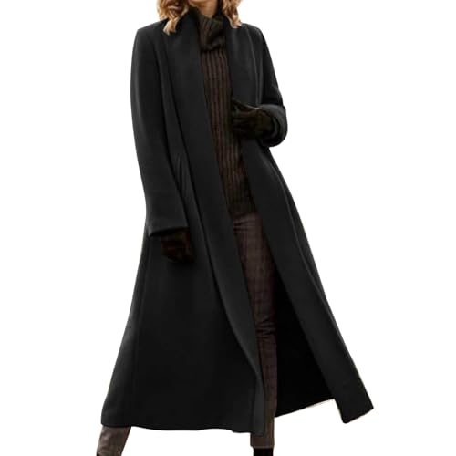 Ansenesna Wollmantel Damen Winter Lang Wintermantel Damen Warm Lange Winterjacke Frauen Elegant Dicke Mantel Ohne Kapuze Trenchcoat Umlegekragen Damen-Jacken Einfarbig Langarm Damenmantel von Ansenesna