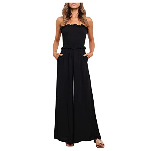 Bandeau Jumpsuit Damen Lang Sommer Schulterfrei Overall Damen Elegant Kuschelig Strand Jumpsuits Damen Einteiler Weites Bein Eleganter Playsuit Frauen Trägerlos Romper Gesmoktes Onesie von Ansenesna