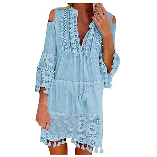 Boho-Kleid,Italienische Kleider Damen Sommer V Ausschnitt Tunika Kleid Luftige Sommerkleid Damen Kurz A Linie Strandkleid Luftige Sommerkleider Elegant Frauen Quasten Elegante Damenkleider von Ansenesna