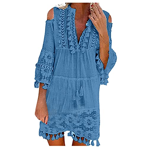 Boho-Kleid,Italienische Kleider Damen Sommer V Ausschnitt Tunika Kleid Luftige Sommerkleid Damen Kurz A Linie Strandkleid Luftige Sommerkleider Elegant Frauen Quasten Elegante Damenkleider von Ansenesna