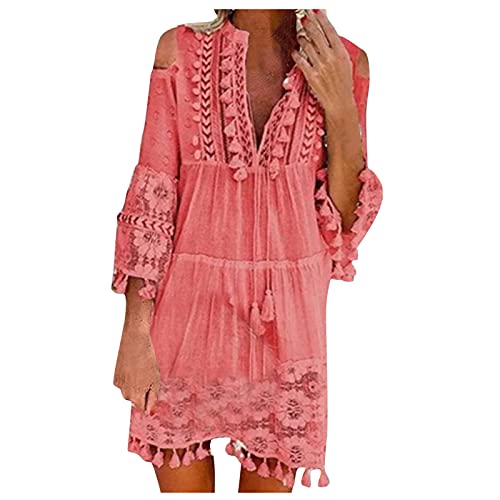 Boho-Kleid,Italienische Kleider Damen Sommer V Ausschnitt Tunika Kleid Luftige Sommerkleid Damen Kurz A Linie Strandkleid Luftige Sommerkleider Elegant Frauen Quasten Elegante Damenkleider von Ansenesna