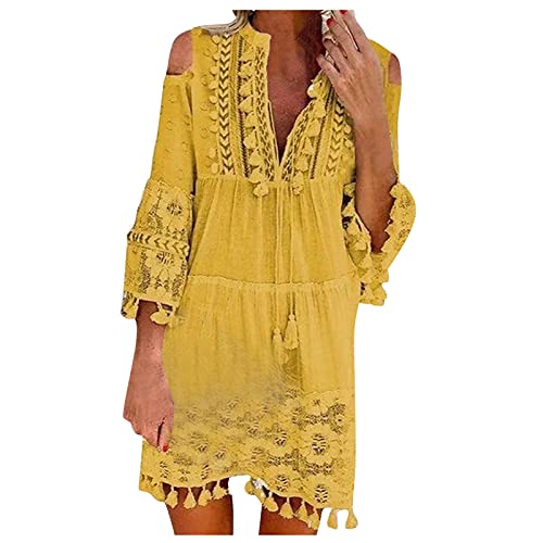 Boho-Kleid,Italienische Kleider Damen Sommer V Ausschnitt Tunika Kleid Luftige Sommerkleid Damen Kurz A Linie Strandkleid Luftige Sommerkleider Elegant Frauen Quasten Elegante Damenkleider von Ansenesna