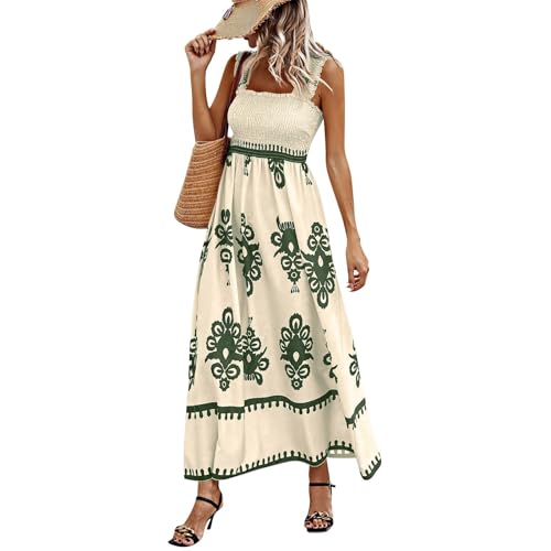 Boho Kleid Damen Lang Spaghettiträger Sommerkleid Damen Elegant Vintage Gesmoktes Kleider A Linie Rückenfrei Strandkleid Leicht Und Luftig Maxikleider Frauen Tailliert Trägerkleid von Ansenesna