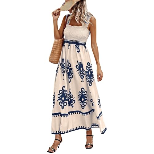 Boho Kleid Damen Lang Spaghettiträger Sommerkleid Damen Elegant Vintage Gesmoktes Kleider A Linie Rückenfrei Strandkleid Leicht Und Luftig Maxikleider Frauen Tailliert Trägerkleid von Ansenesna