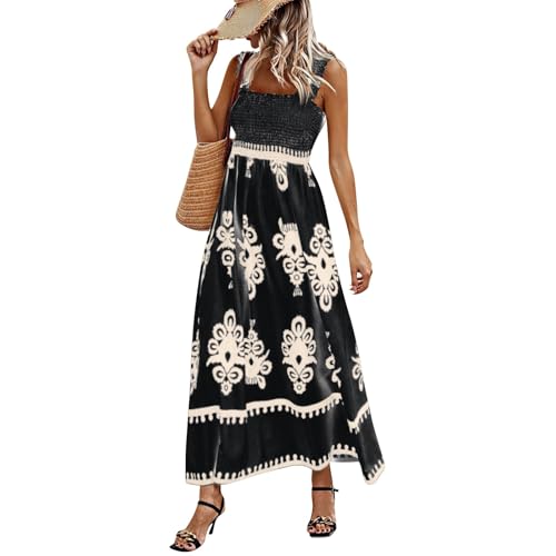 Boho Kleid Damen Lang Spaghettiträger Sommerkleid Damen Elegant Vintage Gesmoktes Kleider A Linie Rückenfrei Strandkleid Leicht Und Luftig Maxikleider Frauen Tailliert Trägerkleid von Ansenesna