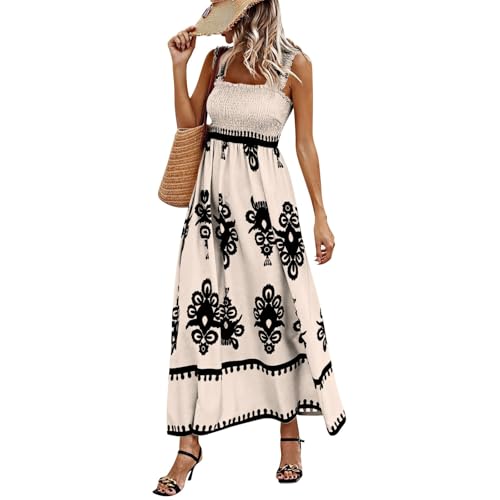 Boho Kleid Damen Lang Spaghettiträger Sommerkleid Damen Elegant Vintage Gesmoktes Kleider A Linie Rückenfrei Strandkleid Leicht Und Luftig Maxikleider Frauen Tailliert Trägerkleid von Ansenesna