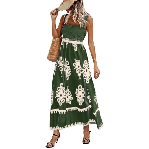 Boho Kleid Damen Lang Spaghettiträger Sommerkleid Damen Elegant Vintage Gesmoktes Kleider A Linie Rückenfrei Strandkleid Leicht Und Luftig Maxikleider Frauen Tailliert Trägerkleid von Ansenesna