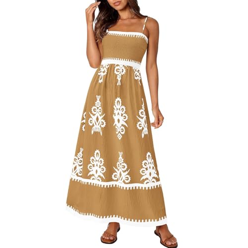 Boho Kleid Damen Lang Spaghettiträger Sommerkleid Damen Elegant Vintage Gesmoktes Kleider A Linie Rückenfrei Strandkleid Leicht Und Luftig Maxikleider Frauen Tailliert Trägerkleid von Ansenesna