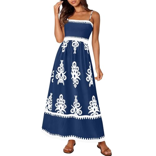 Boho Kleid Damen Lang Spaghettiträger Sommerkleid Damen Elegant Vintage Gesmoktes Kleider A Linie Rückenfrei Strandkleid Leicht Und Luftig Maxikleider Frauen Tailliert Trägerkleid von Ansenesna