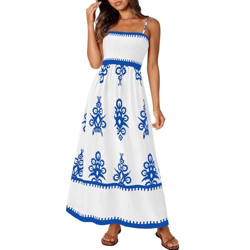 Boho Kleid Damen Lang Spaghettiträger Sommerkleid Damen Elegant Vintage Gesmoktes Kleider A Linie Rückenfrei Strandkleid Leicht Und Luftig Maxikleider Frauen Tailliert Trägerkleid von Ansenesna