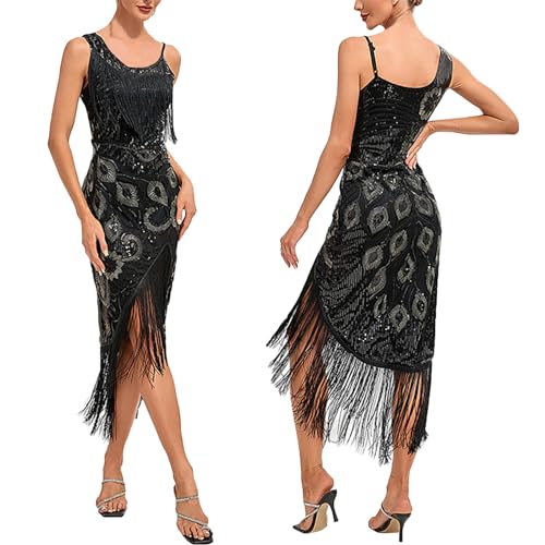 Charleston Kleid 20er Jahre Quaste Silvester Kleid Damen Elegant mit Schlitz Abendkleid Damen Vorne Kurz Hinten Lang Partykleid Frauen Spaghettiträger Festliche Rockabilly Kleider Charleston Kleid 20er Jahre Quaste Silvester Kleid Damen Elegant mit Schlitz Abendkleid Damen Vorne Kurz Hinten Lang Partykleid Frauen Spaghettiträger Festliche Rockabilly Kleider von Ansenesna