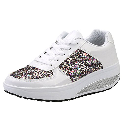 Damen Sneaker Glitzer Pailletten Lack Elegant Schnürung Schuhe Frauen Dicker Sportschuhe（Weiss，38） von Ansenesna