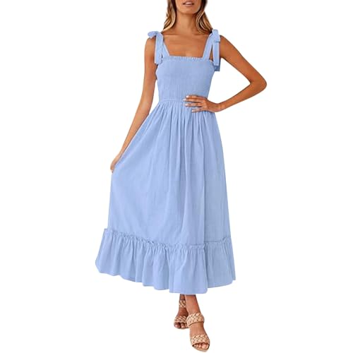 Gesmoktes Kleid Damen Lang Maxikleid Damen Sommer Elegant Sommerkleid Breite Träger Elegante Kleider Volant Strandkleid Frauen Quadratischer Kragen Sommerkleider Damen Leicht Und Luftig von Ansenesna
