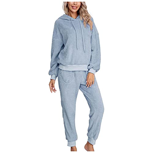 Ansenesna Hausanzug Damen Flauschig Warm Mit Kapuze Hausanzug Damen Teddy Fleece 2 Teiler Winter Schlafanzug Zweiteiler Frauen Plüsch Thermo Gefüttert Hosenanzug Frauen Kuschelig Pajamas 2 Teiler von Ansenesna