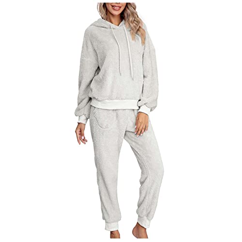 Hausanzug Damen Flauschig Warm Mit Kapuze Hausanzug Damen Teddy Fleece 2 Teiler Winter Schlafanzug Zweiteiler Frauen Plüsch Thermo Gefüttert Hosenanzug Frauen Kuschelig Pajamas 2 Teiler von Ansenesna