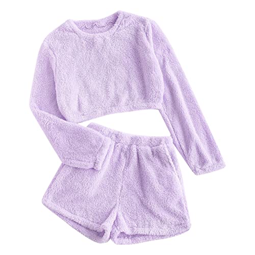 Hausanzug Teddyfleece Damen Bauchfrei Plüsch Zweiteiler Hausanzug Teddy Damen Teddyplüsch Schlafanzug Damen Langarm Oberteil Und Kurze Hose Hosenanzug Frauen Warm Winter Pajama Set 2 Teilig von Ansenesna