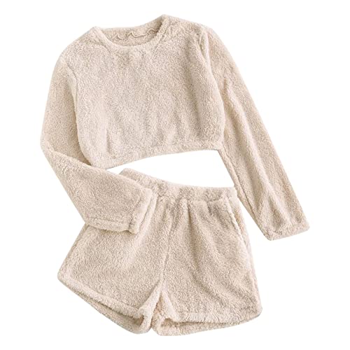 Hausanzug Teddyfleece Damen Bauchfrei Plüsch Zweiteiler Hausanzug Teddy Damen Teddyplüsch Schlafanzug Damen Langarm Oberteil Und Kurze Hose Hosenanzug Frauen Warm Winter Pajama Set 2 Teilig von Ansenesna