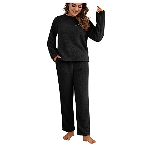 Ansenesna Hausanzug Teddyfleece Damen Fleece Flauschig Schlafanzug Damen Warm Gefüttert Hosenanzug Zweiteilig Winter Zweiteiler Schlafanzüge Plüsch Pyjamas Frauen Ohne Kapuze Teddy Freizeitanzug von Ansenesna