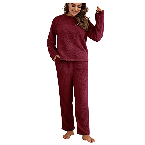 Hausanzug Teddyfleece Damen Fleece Flauschig Schlafanzug Damen Warm Gefüttert Hosenanzug Zweiteilig Winter Zweiteiler Schlafanzüge Plüsch Pyjamas Frauen Ohne Kapuze Teddy Freizeitanzug von Ansenesna