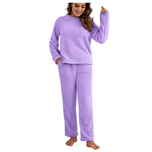 Hausanzug Teddyfleece Damen Fleece Flauschig Schlafanzug Damen Warm Gefüttert Hosenanzug Zweiteilig Winter Zweiteiler Schlafanzüge Plüsch Pyjamas Frauen Ohne Kapuze Teddy Freizeitanzug von Ansenesna