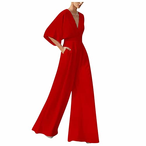 Hosenanzug Damen Festlich Hochzeit Jumpsuit Damen Elegant V Ausschnitt Jumpsuits Für Hochzeitsgäste Lang Weites Bein Overall Einteiler Frauen Kuschelig Rückenfrei Onesie Lange Beine von Ansenesna