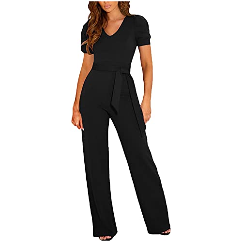 Hosenanzug Damen Festlich Hochzeit Lange Jumpsuit Damen Elegant V Ausschnitt Overall Lang Weites Bein Jumpsuits Frauen Einteiler Kuschelig Einfarbig Onesie Lange Beine Playsuit von Ansenesna