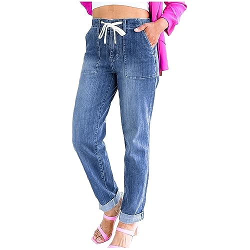 Jeans Damen High Waist Jogginghose Jeans Hosen Damen Baggy Gummibund Jeanshose Frauen Elegant Mit Gummizug Denim Hose Weite Sommerjeans Jeansoptik Mit Drawstring von Ansenesna