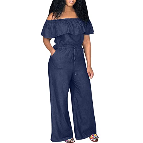 Jeans Jumpsuit Damen Lang Sommer Schulterfrei Jumpsuits Damen Elegant Kuschelig Overall Einteiler Damen Rüschen Weites Bein Eleganter Playsuit Einfarbig Denim Onesie Frauen Weit Romper von Ansenesna