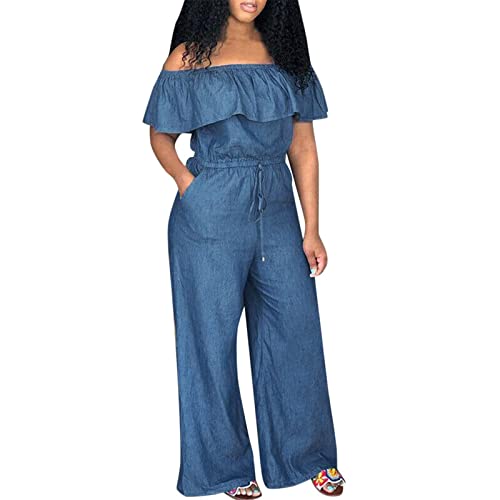 Jeans Jumpsuit Damen Lang Sommer Schulterfrei Jumpsuits Damen Elegant Kuschelig Overall Einteiler Damen Rüschen Weites Bein Eleganter Playsuit Einfarbig Denim Onesie Frauen Weit Romper von Ansenesna