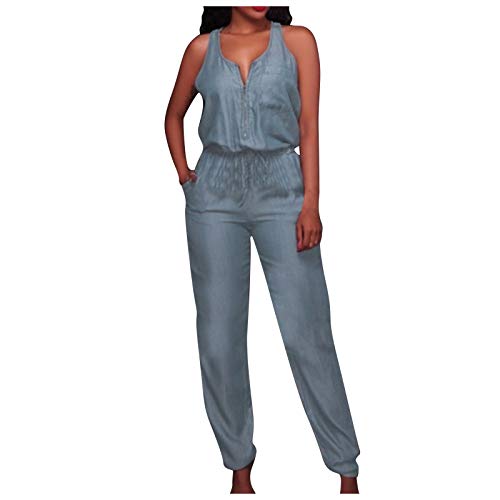 Jeans Jumpsuits Damen Sommer Lang Jumpsuit mit reissverschluss Damen Elegant Kuschelig Overall Einteiler Damen Ärmellos Onesie Frauen Lange Beine Denim Playsuit Mit Taschen von Ansenesna