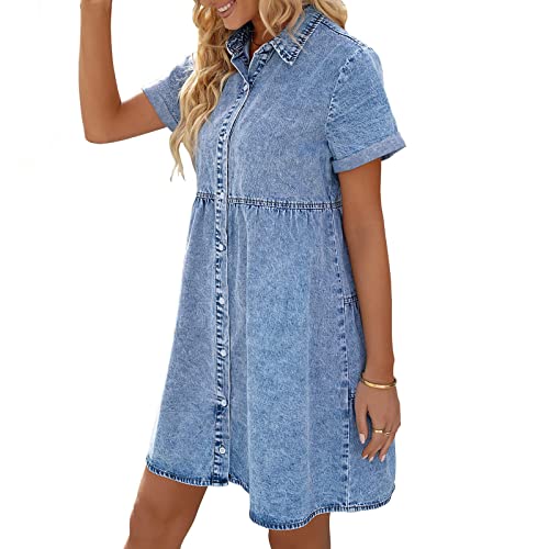 Jeanskleid,Sommerkleid Damen A Linie Luftige Sommerkleider Elegant Kurzes Kleider Damen Sommer Hemdkleid zum Knöpfen Denim Kleider Frauen Kurzarm Elegante Damenkleider von Ansenesna