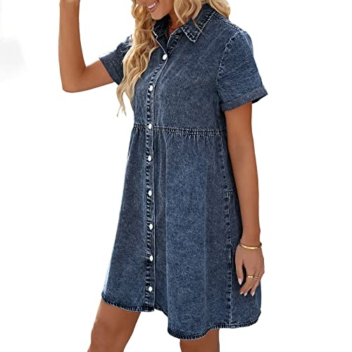 Jeanskleid,Sommerkleid Damen A Linie Luftige Sommerkleider Elegant Kurzes Kleider Damen Sommer Hemdkleid zum Knöpfen Denim Kleider Frauen Kurzarm Elegante Damenkleider von Ansenesna