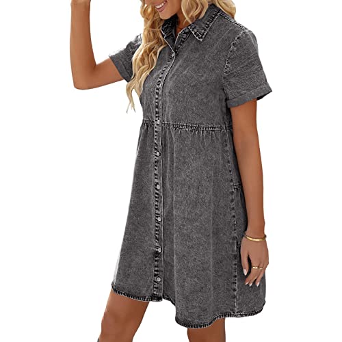 Jeanskleid,Sommerkleid Damen A Linie Luftige Sommerkleider Elegant Kurzes Kleider Damen Sommer Hemdkleid zum Knöpfen Denim Kleider Frauen Kurzarm Elegante Damenkleider von Ansenesna