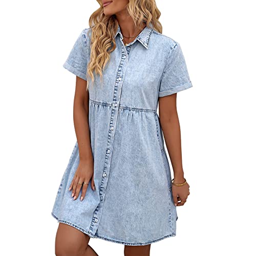 Jeanskleid,Sommerkleid Damen A Linie Luftige Sommerkleider Elegant Kurzes Kleider Damen Sommer Hemdkleid zum Knöpfen Denim Kleider Frauen Kurzarm Elegante Damenkleider von Ansenesna