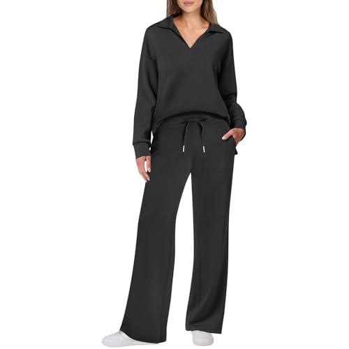 Jogginganzug Damen Set Weites Bein Winter Trainingsanzug 2 Teilig Damen Oversize Ohne Kapuze Zweiteiler Hosenanzug Damen Sportlich Elegant 2 Teiler Hausanzug Frauen Kuschelig Anzug von Ansenesna
