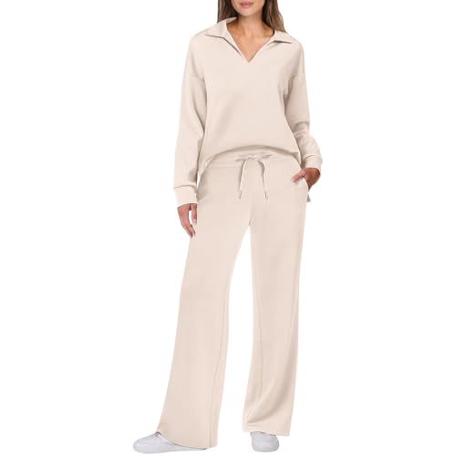Jogginganzug Damen Set Weites Bein Winter Trainingsanzug 2 Teilig Damen Oversize Ohne Kapuze Zweiteiler Hosenanzug Damen Sportlich Elegant 2 Teiler Hausanzug Frauen Kuschelig Anzug von Ansenesna