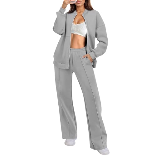 Jogginganzug Damen Set Weites Bein Winter Trainingsanzug 2 Teilig Damen mit Reißverschluss Ohne Kapuze Zweiteiler Hosenanzug Sportlich Elegant Baggy Hausanzug Frauen Kuschelig Anzug von Ansenesna