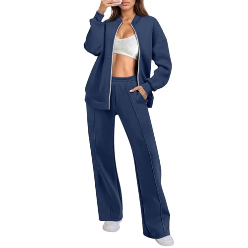 Jogginganzug Damen Set Weites Bein Winter Trainingsanzug 2 Teilig Damen mit Reißverschluss Ohne Kapuze Zweiteiler Hosenanzug Sportlich Elegant Baggy Hausanzug Frauen Kuschelig Anzug von Ansenesna