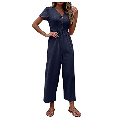 Jumpsuit Damen 7/8 Lang Sommer V Ausschnitt Overall Damen Elegant Kuschelig Strand Jumpsuits Damen Einteiler Weites Bein Eleganter Playsuit Frauen Knöpfen Romper Einfarbig Onesie von Ansenesna