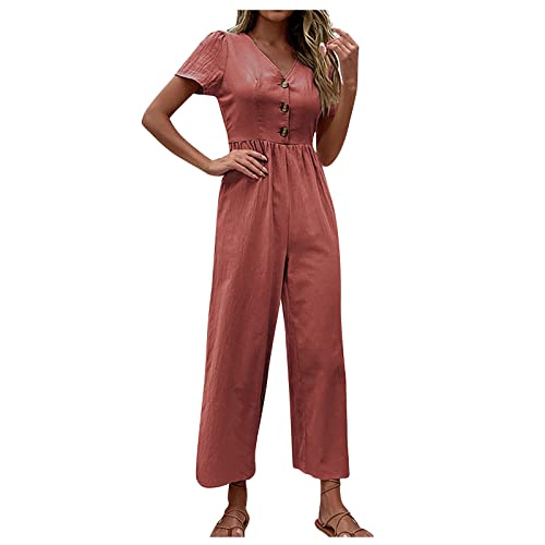 Jumpsuit Damen 7/8 Lang Sommer V Ausschnitt Overall Damen Elegant Kuschelig Strand Jumpsuits Damen Einteiler Weites Bein Eleganter Playsuit Frauen Knöpfen Romper Einfarbig Onesie von Ansenesna