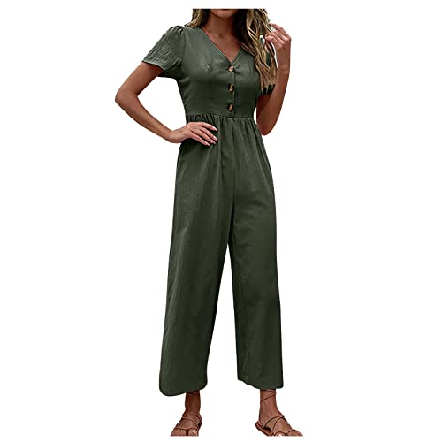 Jumpsuit Damen 7/8 Lang Sommer V Ausschnitt Overall Damen Elegant Kuschelig Strand Jumpsuits Damen Einteiler Weites Bein Eleganter Playsuit Frauen Knöpfen Romper Einfarbig Onesie von Ansenesna