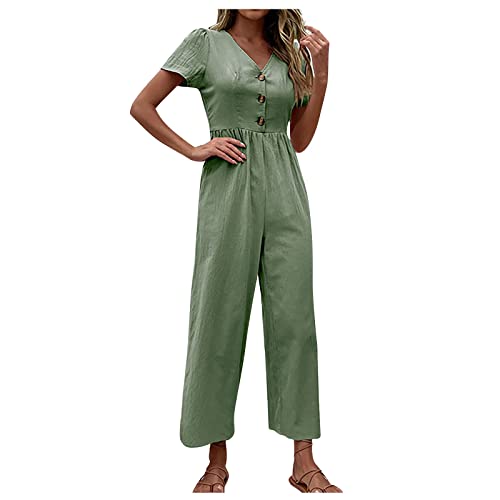 Jumpsuit Damen 7/8 Lang Sommer V Ausschnitt Overall Damen Elegant Kuschelig Strand Jumpsuits Damen Einteiler Weites Bein Eleganter Playsuit Frauen Knöpfen Romper Einfarbig Onesie von Ansenesna