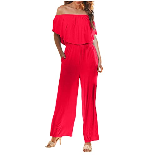 Jumpsuit Damen Lang Sommer Schulterfrei Overall Damen Elegant Kuschelig Strand Playsuit Damen Einteiler Off Shoulder Eleganter Jumpsuits Frauen Weites Bein Romper Weit Trägerlos Onesie von Ansenesna