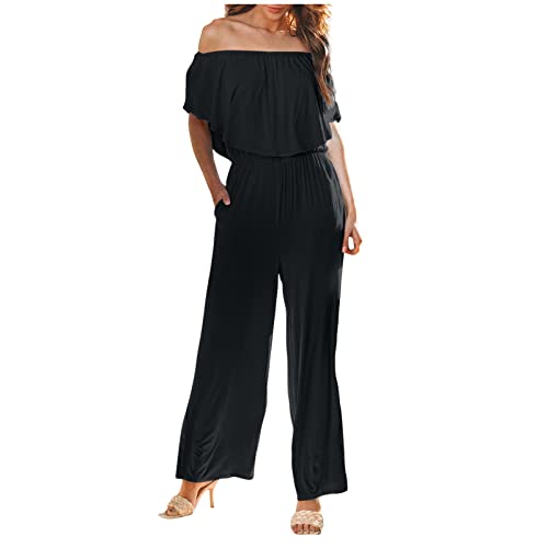 Jumpsuit Damen Lang Sommer Schulterfrei Overall Damen Elegant Kuschelig Strand Playsuit Damen Einteiler Off Shoulder Eleganter Jumpsuits Frauen Weites Bein Romper Weit Trägerlos Onesie von Ansenesna