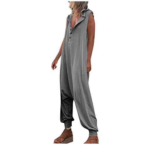 Jumpsuit Damen Sommer Lang Harem Jumpsuits Damen Elegant Kuschelig Knöpfen Overall Einteiler Damen Einfarbig Leicht Eleganter Playsuit mit Kapuze Onesie Frauen Weit Ärmellos Romper von Ansenesna