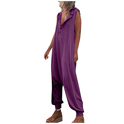 Jumpsuit Damen Sommer Lang Harem Jumpsuits Damen Elegant Kuschelig Knöpfen Overall Einteiler Damen Einfarbig Leicht Eleganter Playsuit mit Kapuze Onesie Frauen Weit Ärmellos Romper von Ansenesna