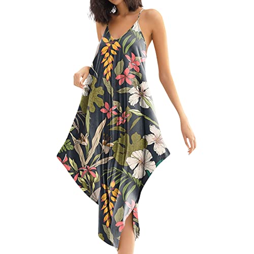 Jumpsuit Haremshose Damen Sommer Blumen 3/4 Lang Harem Jumpsuits Damen Elegant V Ausschnitt Strand Overall Frauen Einteiler Kuschelig Spaghetti Träger Playsuit Weit Rückenfrei Onesie von Ansenesna